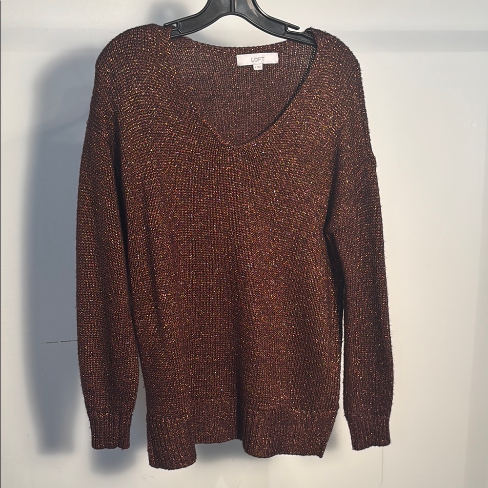 LOFT purple and gold V-Neck Sweater Textured Knit